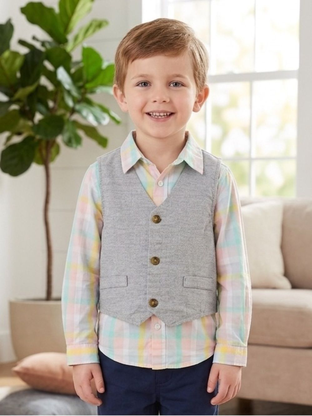Take 50% OFF- Wonder Nation Plaid Shirt with Gray Vest, Size-5T